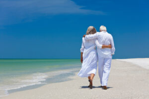 Rear View Of Senior Couple Walking On Beach