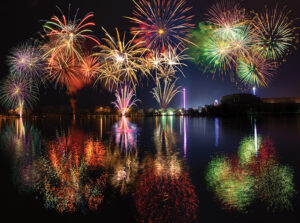 Multiple Fireworks With Reflections Over Lake Dutzendteich At Spring Fair In Nuremberg