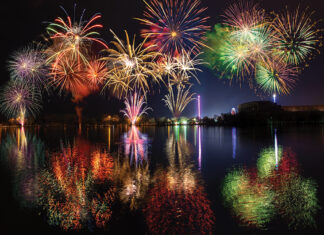 Multiple Fireworks With Reflections Over Lake Dutzendteich At Spring Fair In Nuremberg