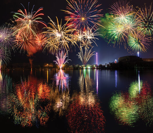 Multiple Fireworks With Reflections Over Lake Dutzendteich At Spring Fair In Nuremberg