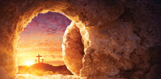 Empty Tomb With Crucifixion At Sunrise Resurrection Concept