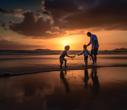 Dad Sunset With 2 Children