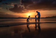 Dad Sunset With 2 Children