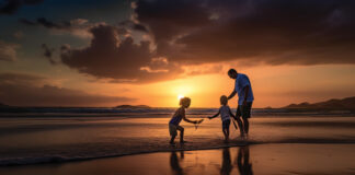 Dad Sunset With 2 Children