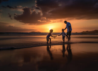 Dad Sunset With 2 Children